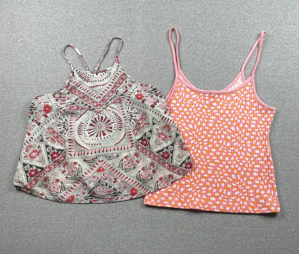 Lot of 2 Billabong Tank Tops Womens L Orange Ribbed Pink Floral Boho Beach Crop